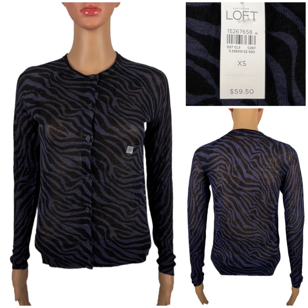 Ann Taylor LOFT Womens XS Cardigan Black Purple Long Sleeve Lightweight NWT $59
